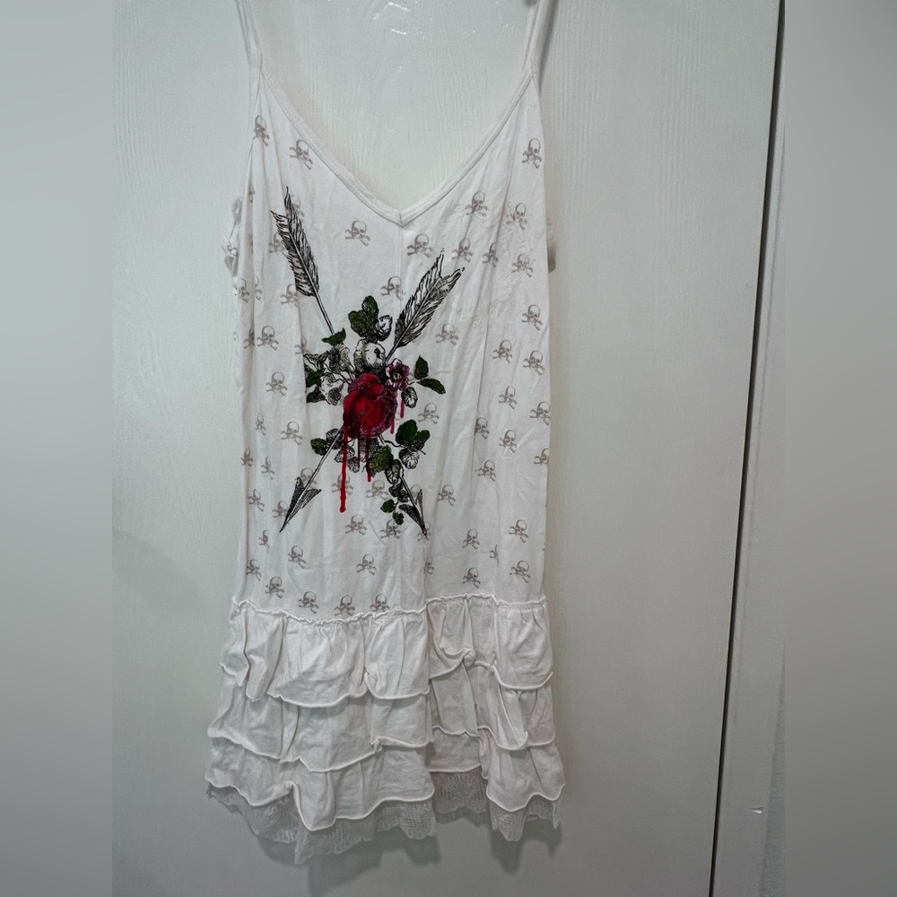 White Dress with Skull and Rose Design